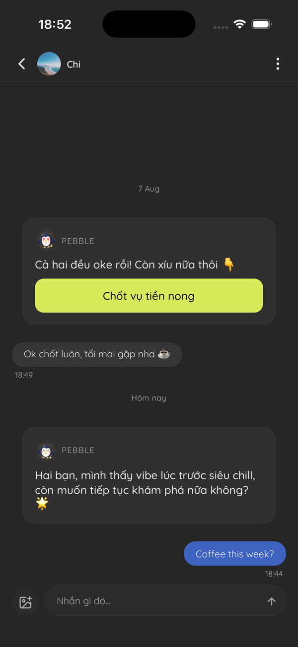 A chat where Pebble suggests settling the bill and re-opening the conversation